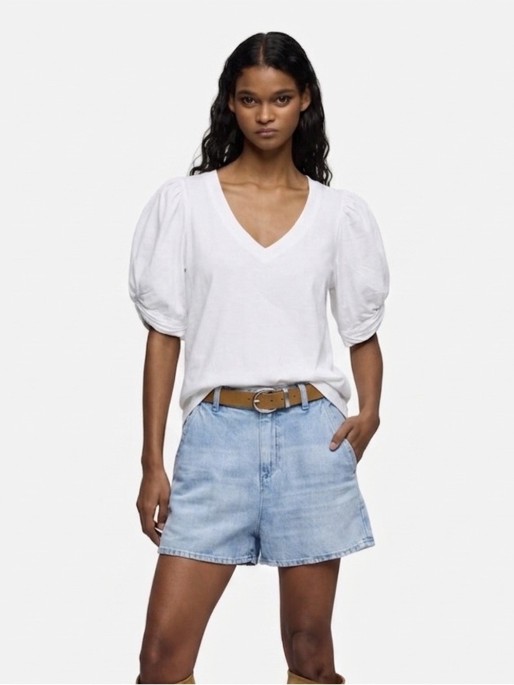 7 FOR ALL MANKIND Women's Cotton V-Neck Twisted Sleeve Tshirt - White, Small